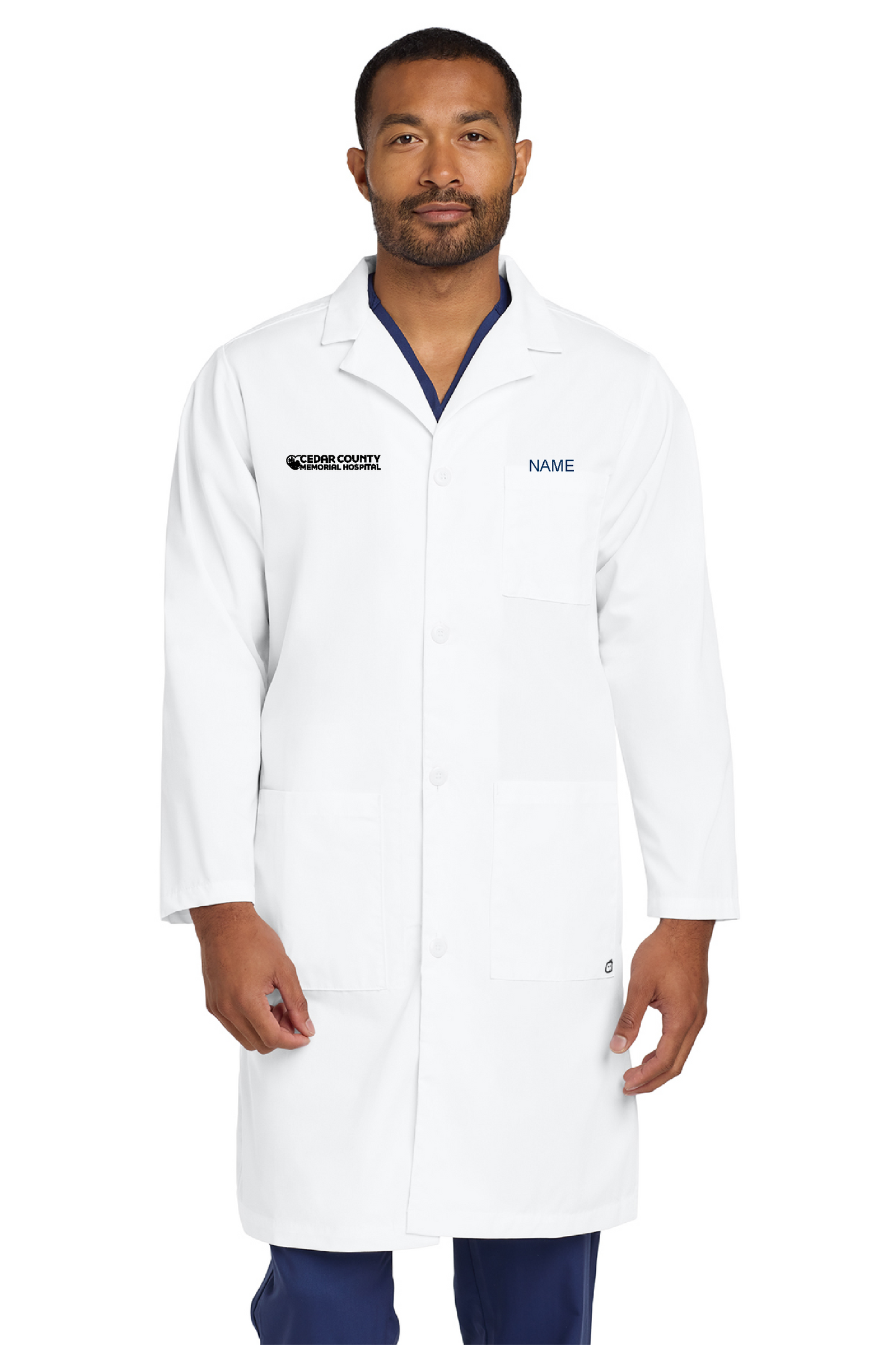 CCMH- Men's Long Lab Coat with embroidered logo and name/title (WW4172)