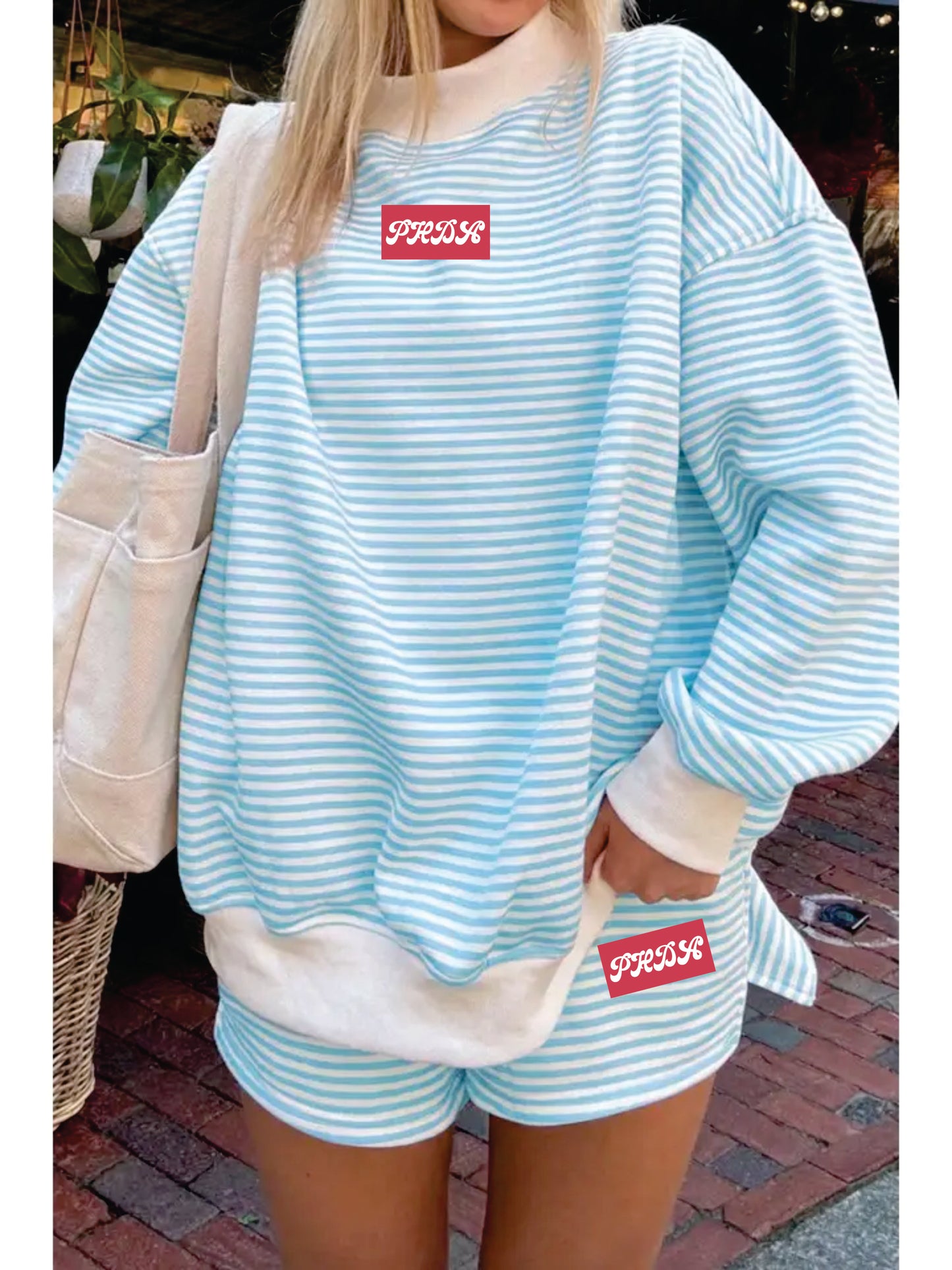 PHDA- Stripe Oversize Mock Neck Sweatshirt and Shorts Set