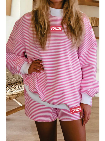 PHDA- Stripe Oversize Mock Neck Sweatshirt and Shorts Set