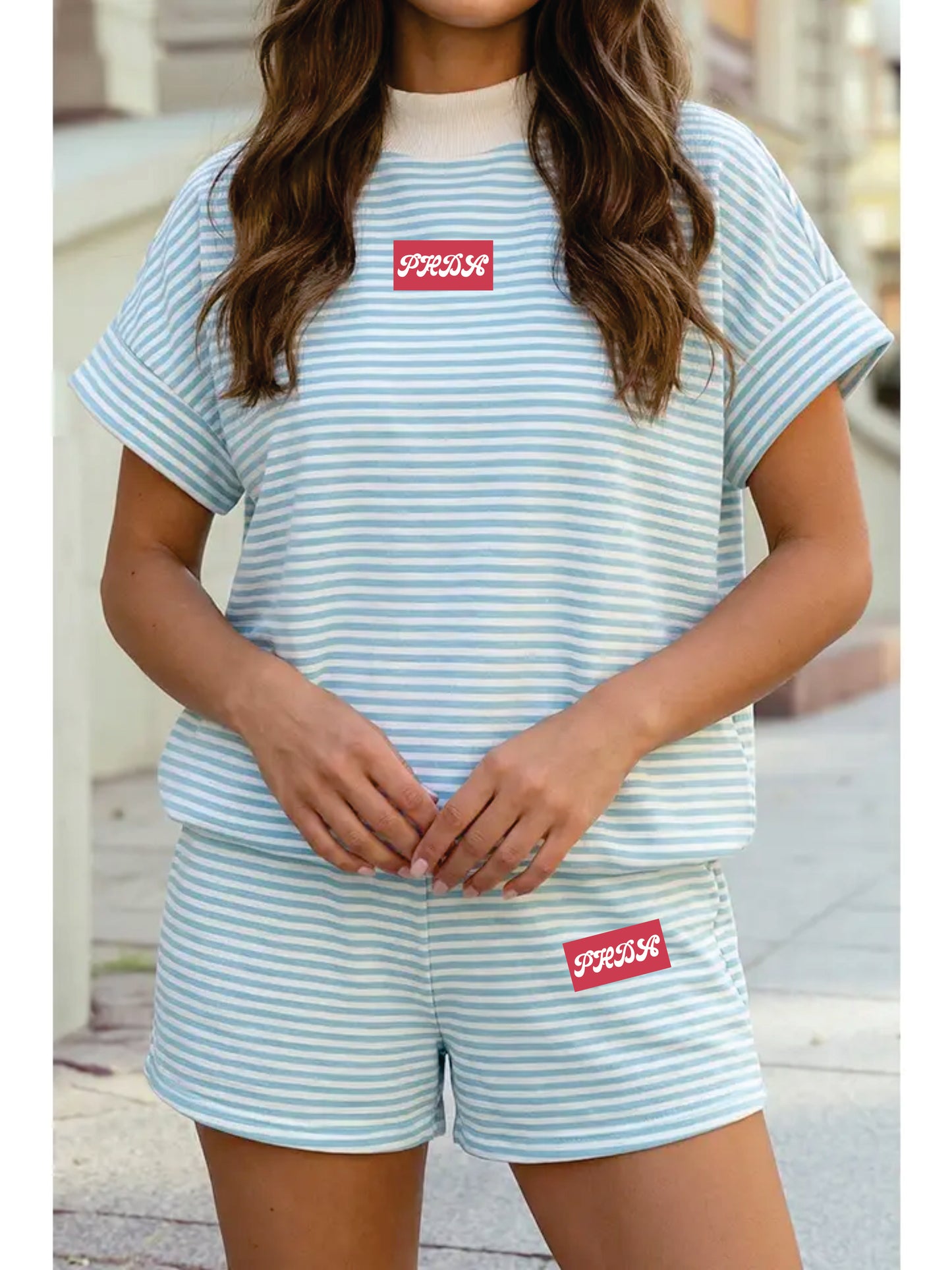 PHDA- Stripe Cuffed Sleeve Contrast Mock Neck Tee 2 Short Set