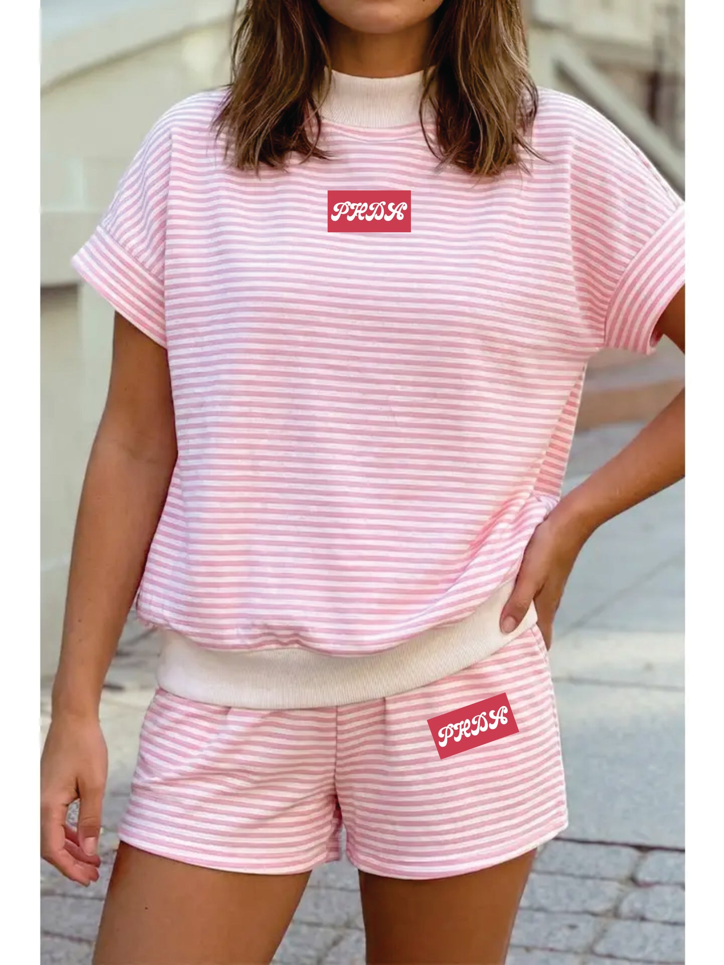 PHDA- Stripe Cuffed Sleeve Contrast Mock Neck Tee 2 Short Set