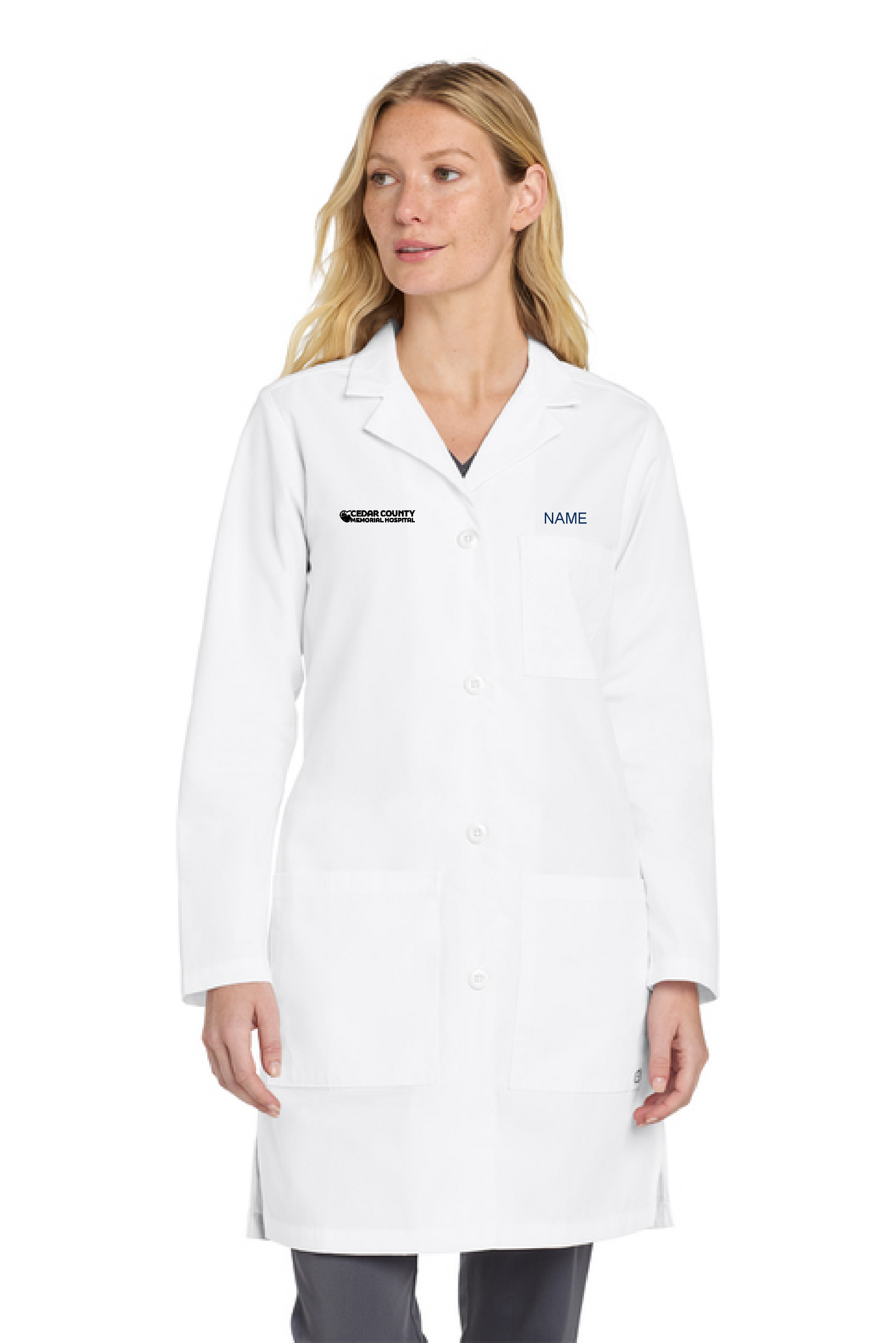 CCMH- Women’s Long Lab Coat with embroidered logo and name/title (WW4172)